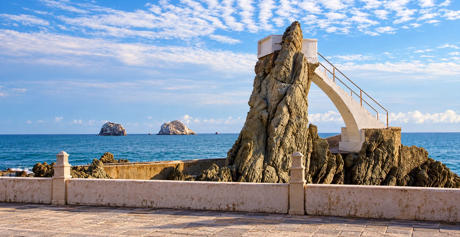 El Clavadista rock and its stairway on the Mazatlán malecón, with islands on the horizon