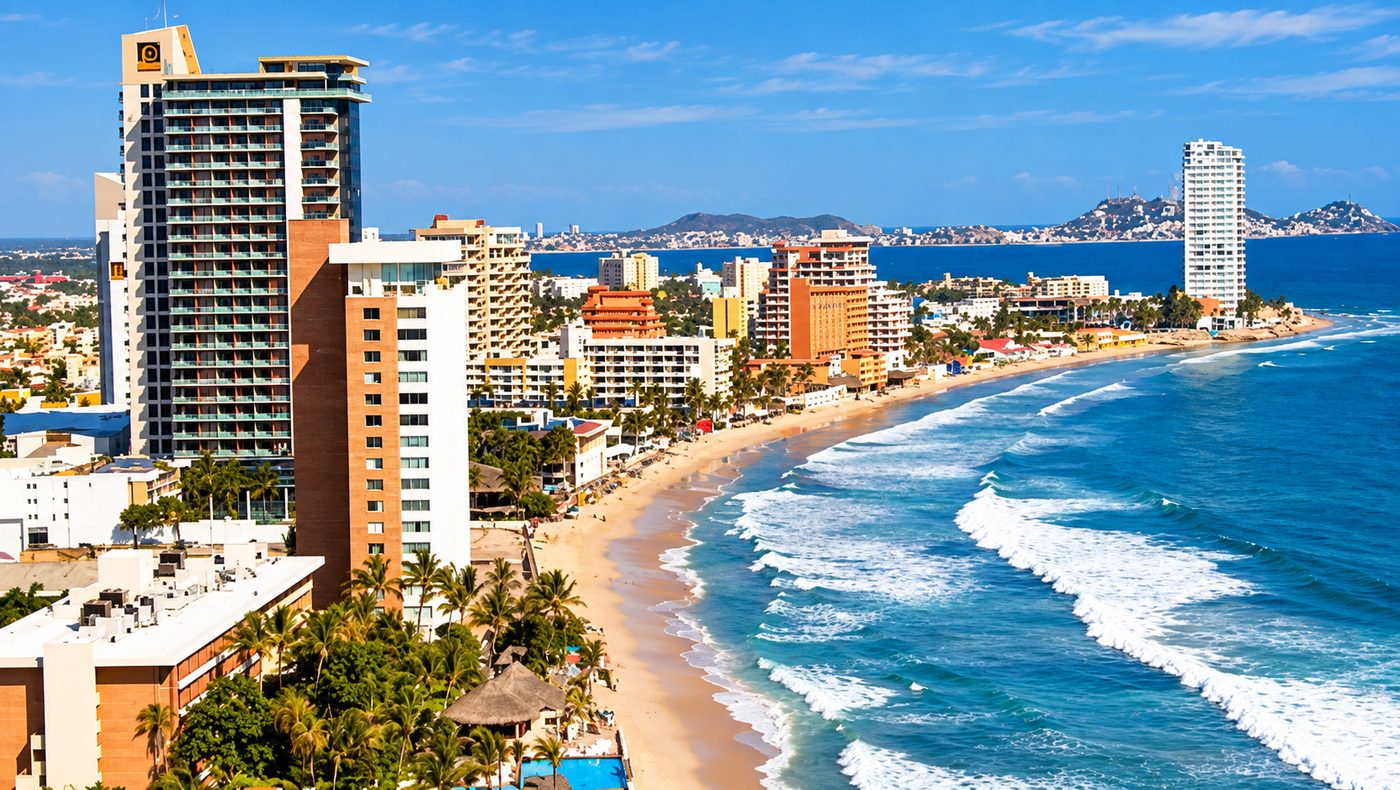 Mazatlán's Zona Dorada beach and hotel strip from above, with the headland in the distance